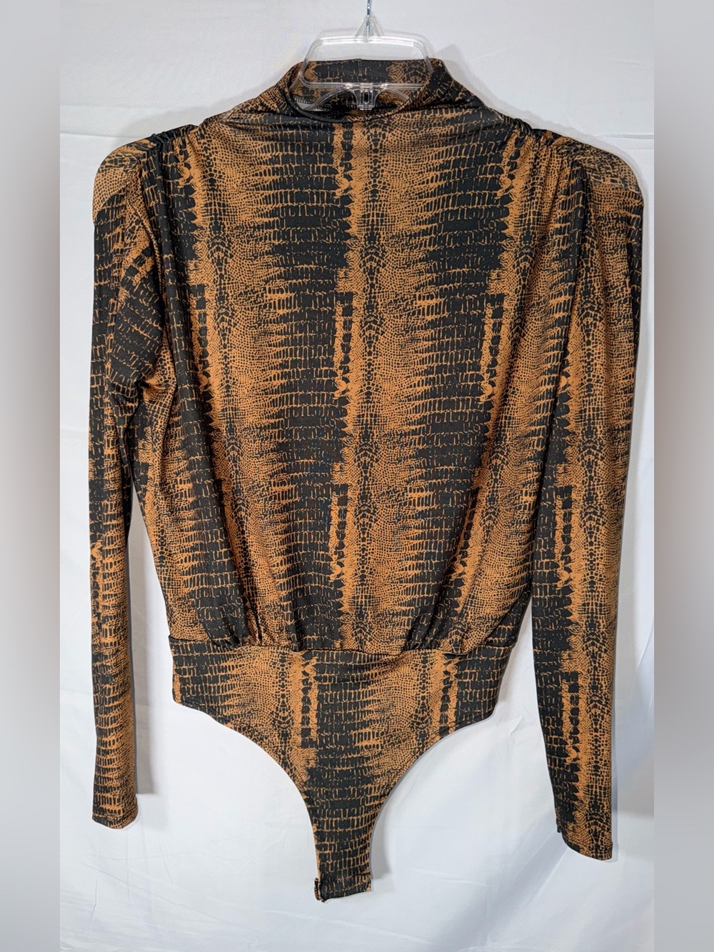 Snake-Print Long Sleeve Bodysuit in Black & Brown